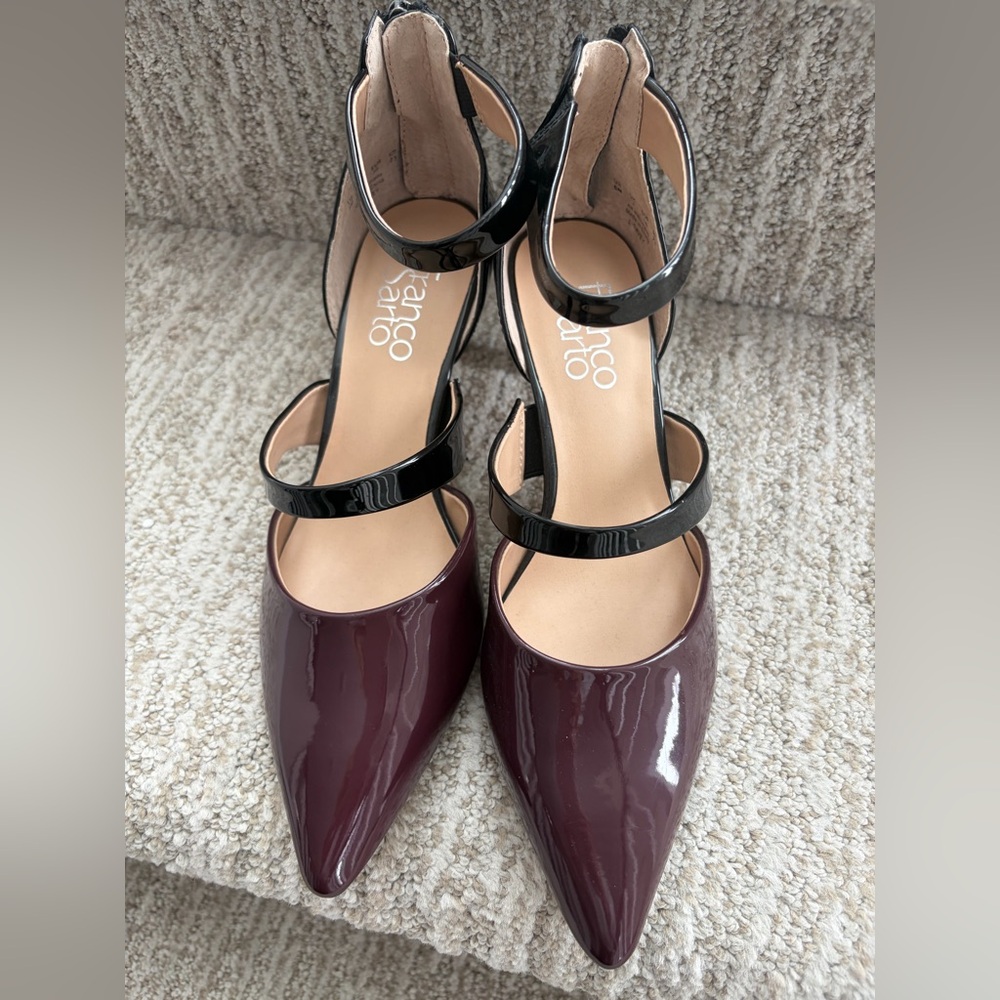 FrancoSarto Davey pointed-toe pumps-burgundy&black patent leather Sz 6.